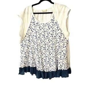 Altar'd State Blue Floral‎ Mixed Media Gauzy Boho Peasant Top Size L